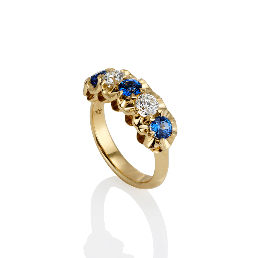 18ct Yellow Gold 5 Stone Sapphire and Diamond Scallop Ring