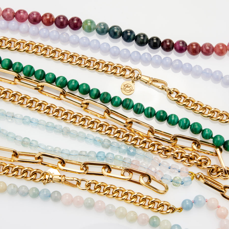 **Limited Edition** 9ct Yellow Gold Curb Chain with Malachite Bead Necklace