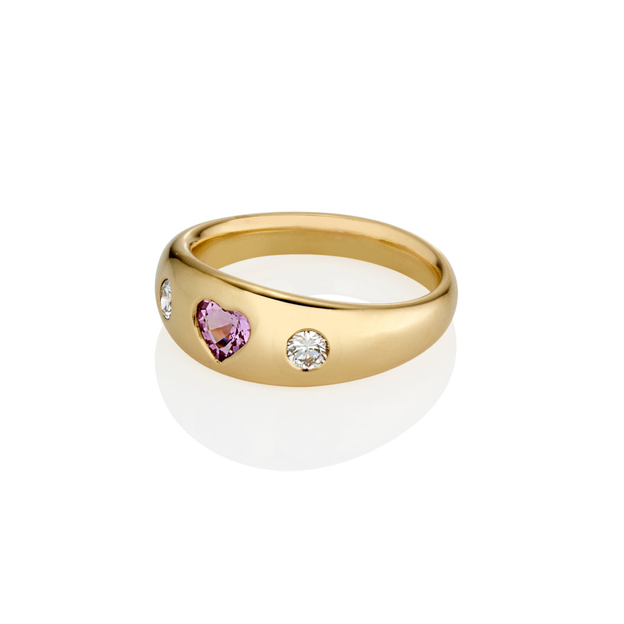 18ct Yellow Gold Gypsy Ring with Pink Heart Sapphire and Diamonds