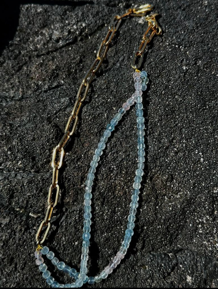 **Limited Edition** 9ct Yellow Gold Paperclip Necklace with Two Row Aquamarine Beads