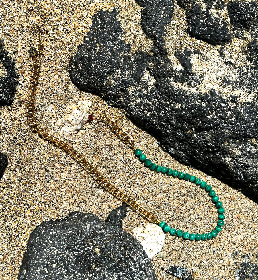 **Limited Edition** 9ct Yellow Gold Curb Chain with Malachite Bead Necklace