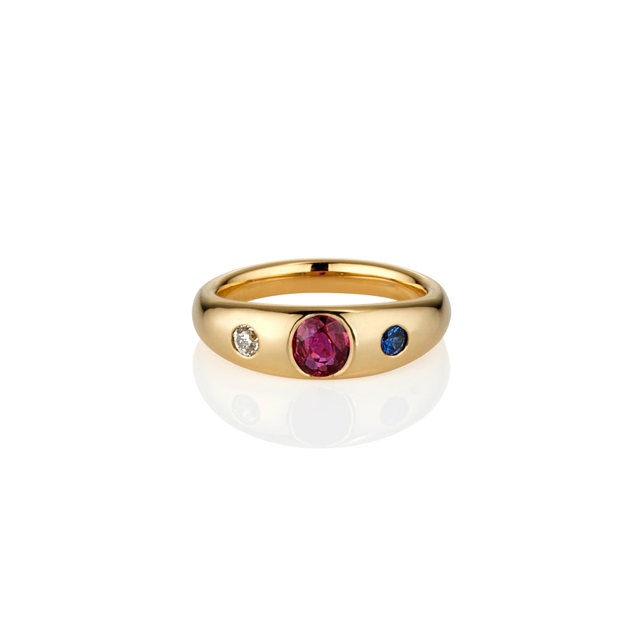 **One of a kind** 18ct Yellow Gold Ruby, Sapphire and Diamond Gypsy Ring