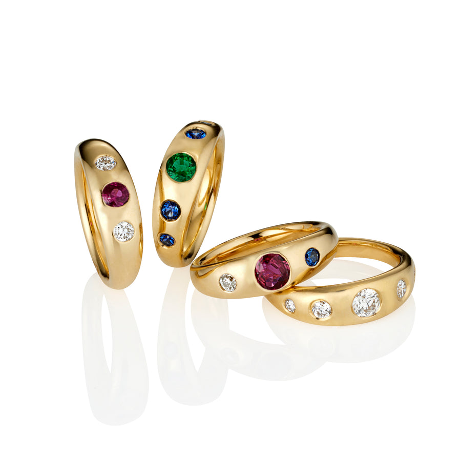 **One of a kind** 18ct Yellow Gold Ruby, Sapphire and Diamond Gypsy Ring