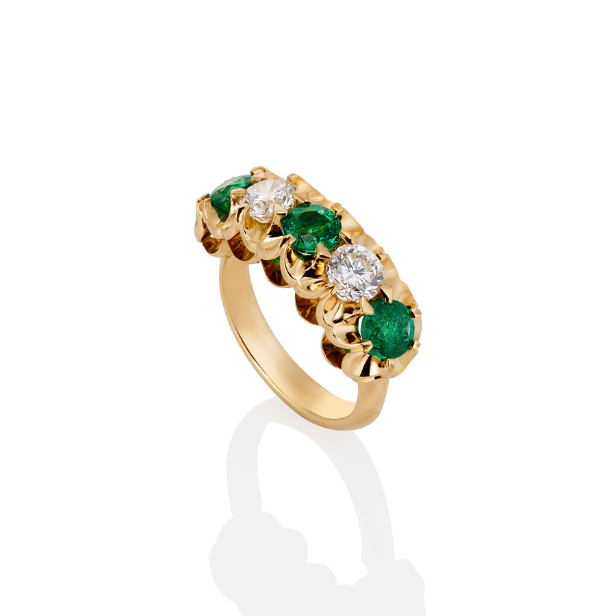 **One of a Kind** 5 Stone Emerald and Diamond Scallop Ring