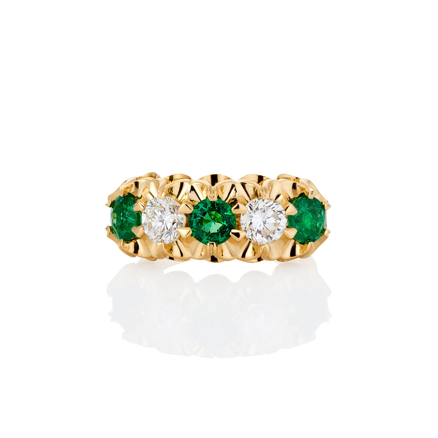 **One of a Kind** 5 Stone Emerald and Diamond Scallop Ring
