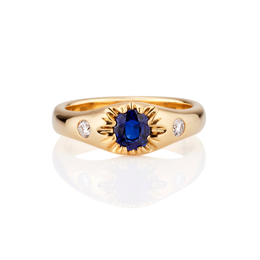 18ct Yellow Gold Gypsy Ring with Sapphires and Diamond
